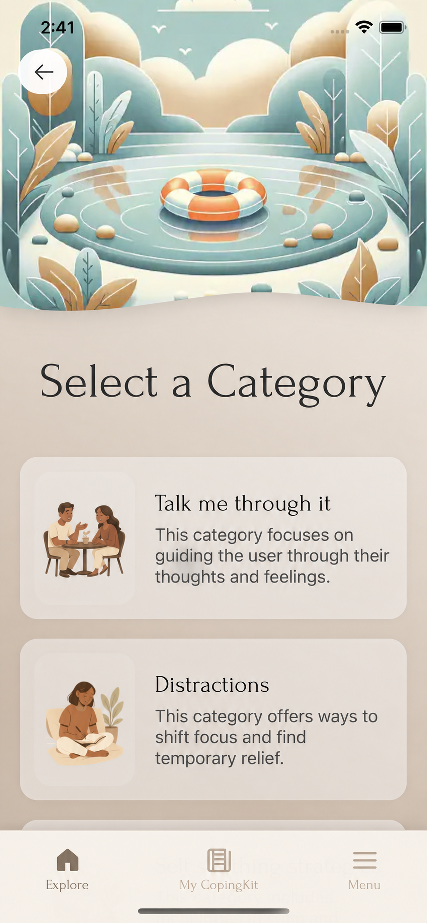 MyCopingKit category selection screen